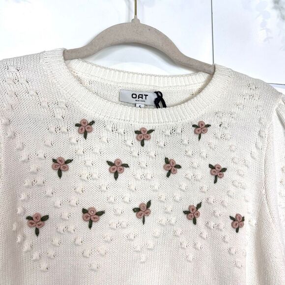 NWT Oat New York Sweater Small White Floral rosette Short Sleeve Cropped Knit To - Picture 11 of 12